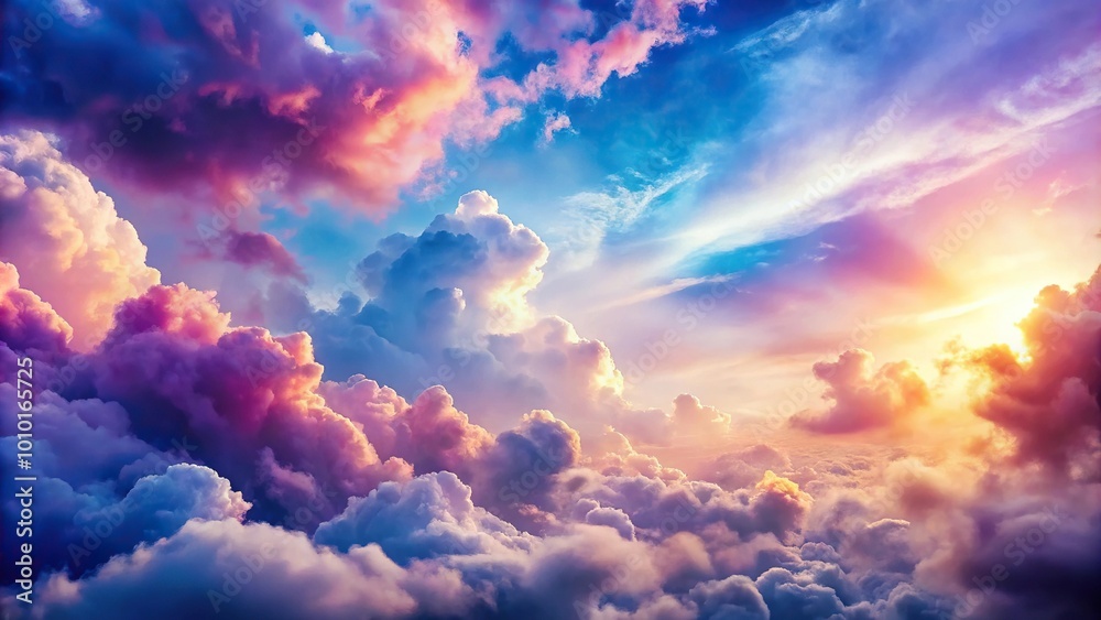 Ethereal misty sky with bright fluffy clouds and sparkles Ethereal misty sky with bright fluffy clouds and sparkles