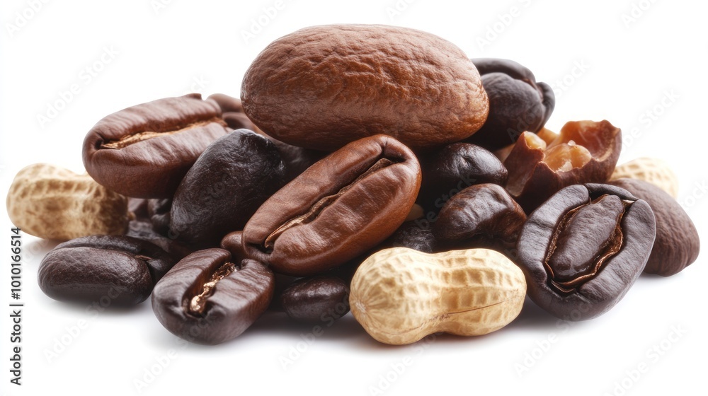 A variety of coffee beans and peanuts arranged in a pile. A variety of coffee beans and peanuts arranged in a pile.