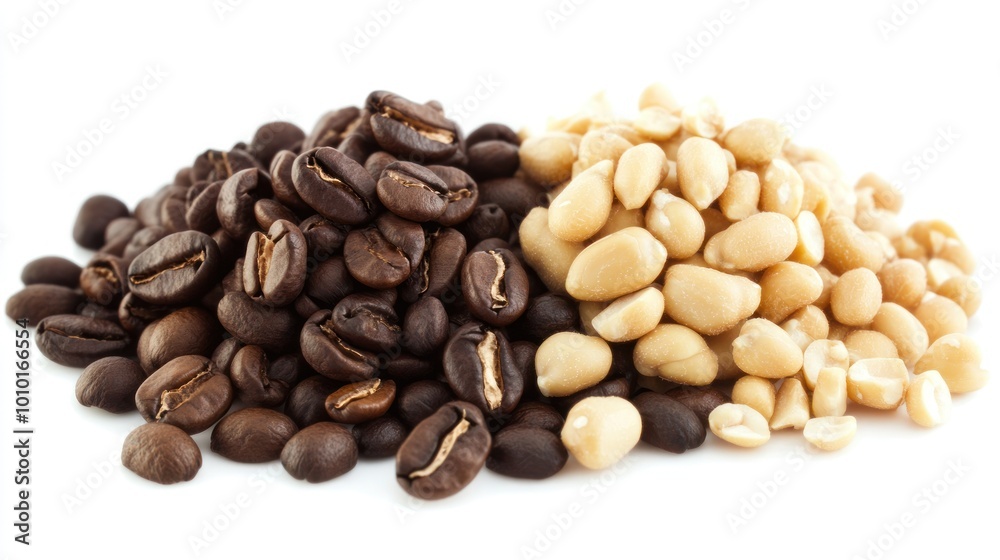 A close-up of roasted coffee beans alongside raw peanuts, showcasing their textures and colors. A close-up of roasted coffee beans alongside raw peanuts, showcasing their textures and colors.