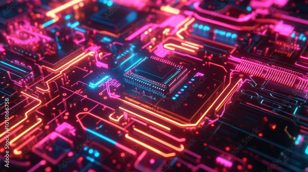 Abstract neon glowing circuit board with a CPU in the center. Abstract neon glowing circuit board with a CPU in the center.