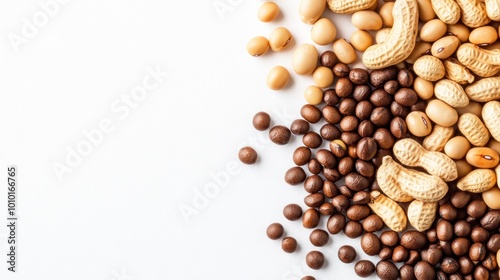 A variety of nuts and legumes arranged aesthetically on a white background.