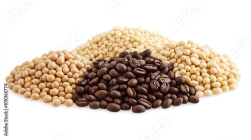 A collection of various beans, including coffee and soybeans, arranged in piles.