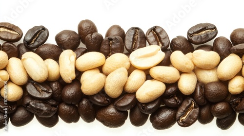 A variety of coffee beans, including light and dark roasts, arranged in a line.