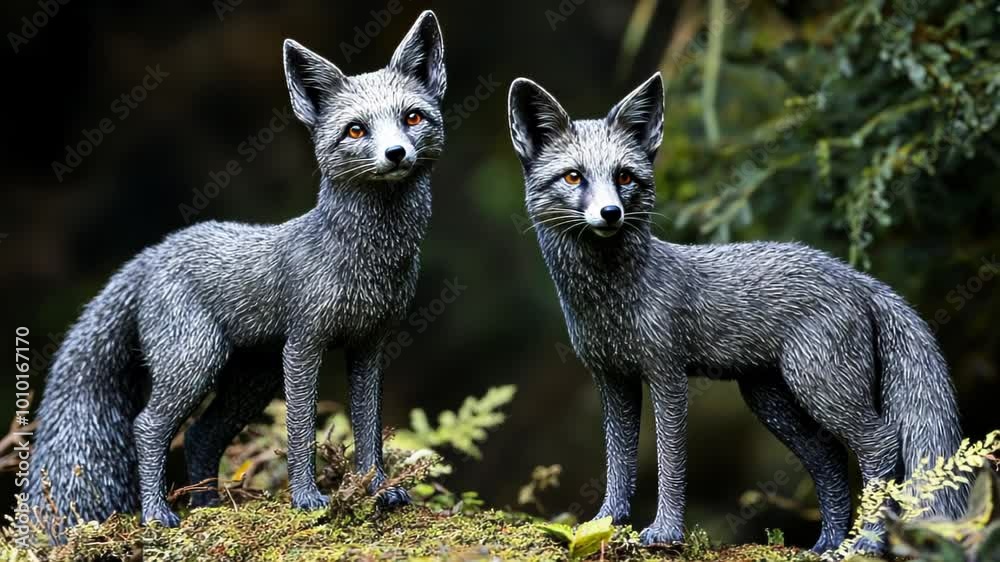Two realistic fox figurines posed on a mossy surface in a natural setting. Two realistic fox figurines posed on a mossy surface in a natural setting.