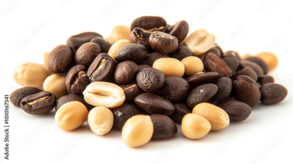 A mix of roasted coffee and peanuts arranged in a pile on a white background. A mix of roasted coffee and peanuts arranged in a pile on a white background.
