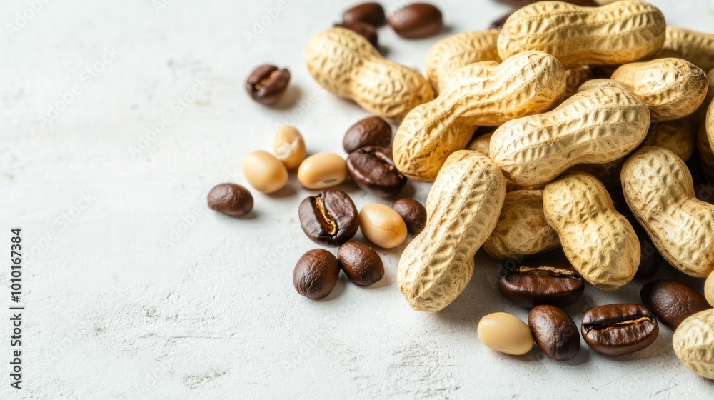 A pile of peanuts and coffee beans on a light surface, suggesting a snack or pairing. A pile of peanuts and coffee beans on a light surface, suggesting a snack or pairing.