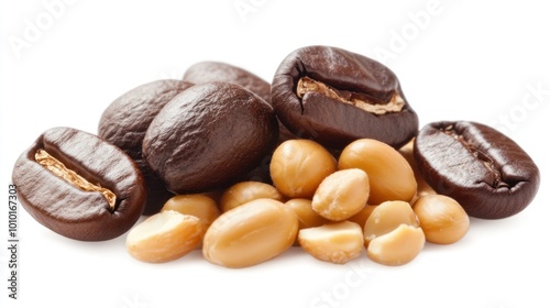 A close-up of coffee beans and peanuts, showcasing natural food ingredients.