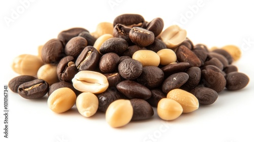 A mix of roasted coffee and peanuts arranged in a pile on a white background.