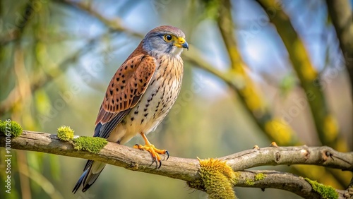 European kestrel perched on a branch in a tree