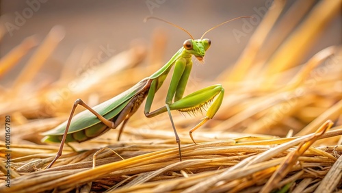 European mantis crawling on dry grass straws