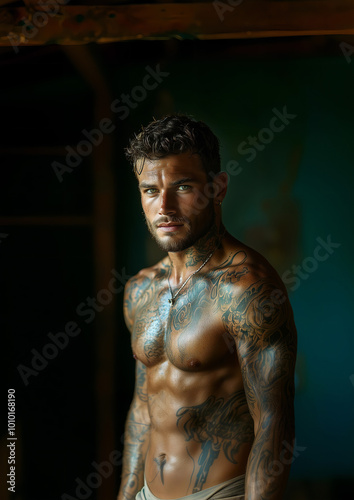Muscular shirtless man with tattoos