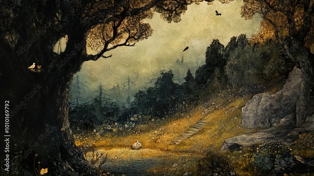 Fototapeta premium Enchanted Forest Path: A Mystical Landscape Painting