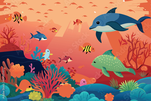 A vibrant underwater scene with colorful coral reefs and tropical fish.