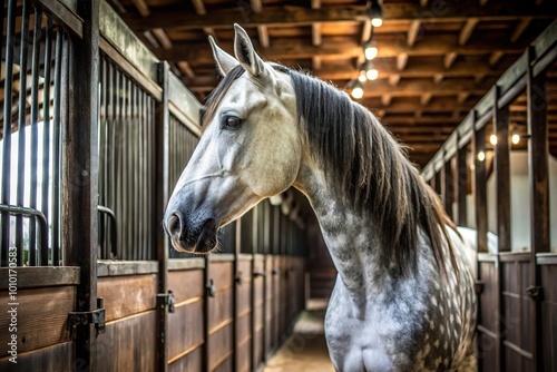 Exotic horse in black and white color in a farm stable