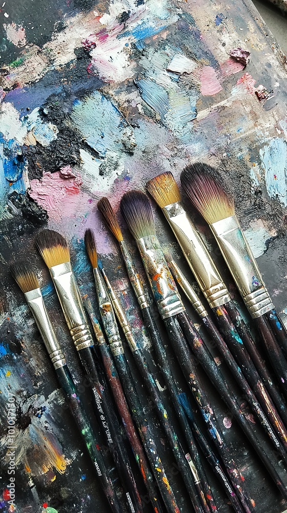 Fototapeta premium Paintbrushes on a Palette: A Glimpse into the Artist's Studio