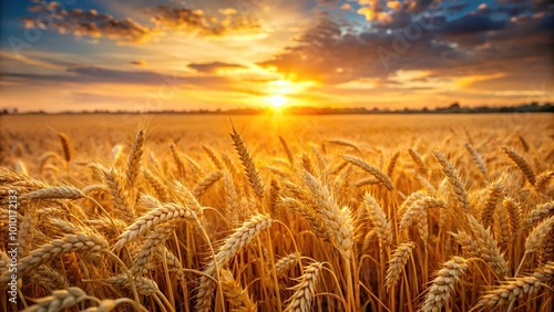 Expansive sunrise landscape of golden wheat field