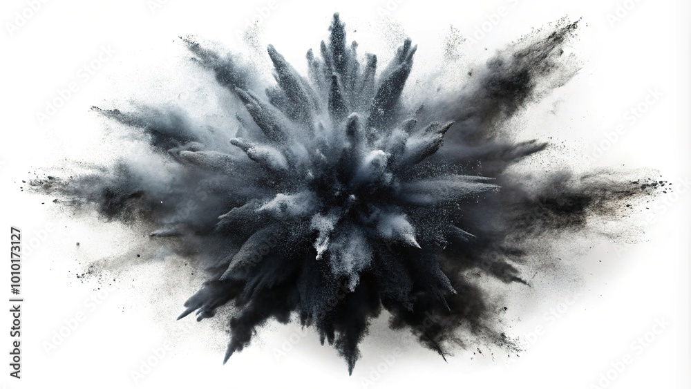 Explosion effect with black powder particles in the air on a white background Explosion effect with black powder particles in the air on a white background