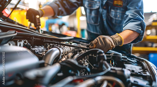 Mechanic fixing car engine in garage for car repair service..