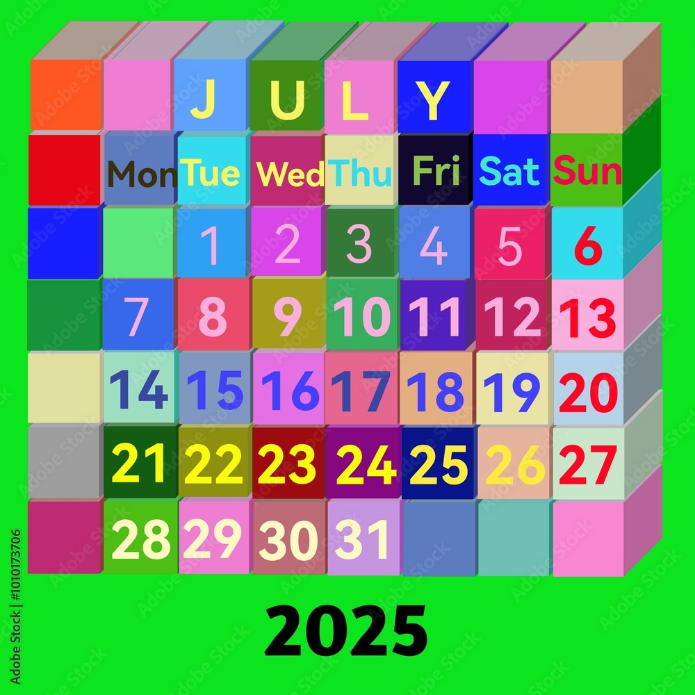 Calendar for the month of July ,using a 3d cube. Vector illustration Calendar for the month of July ,using a 3d cube. Vector illustration