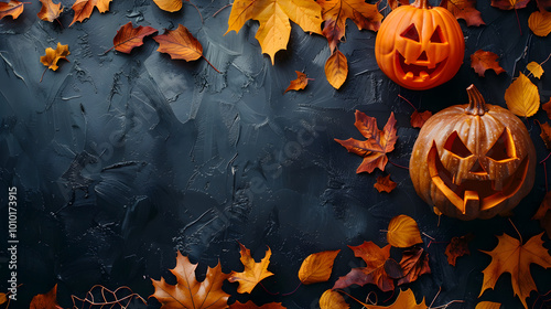 Pumpkins and autumn leaves on a black background with copy space, Halloween banner with space for text