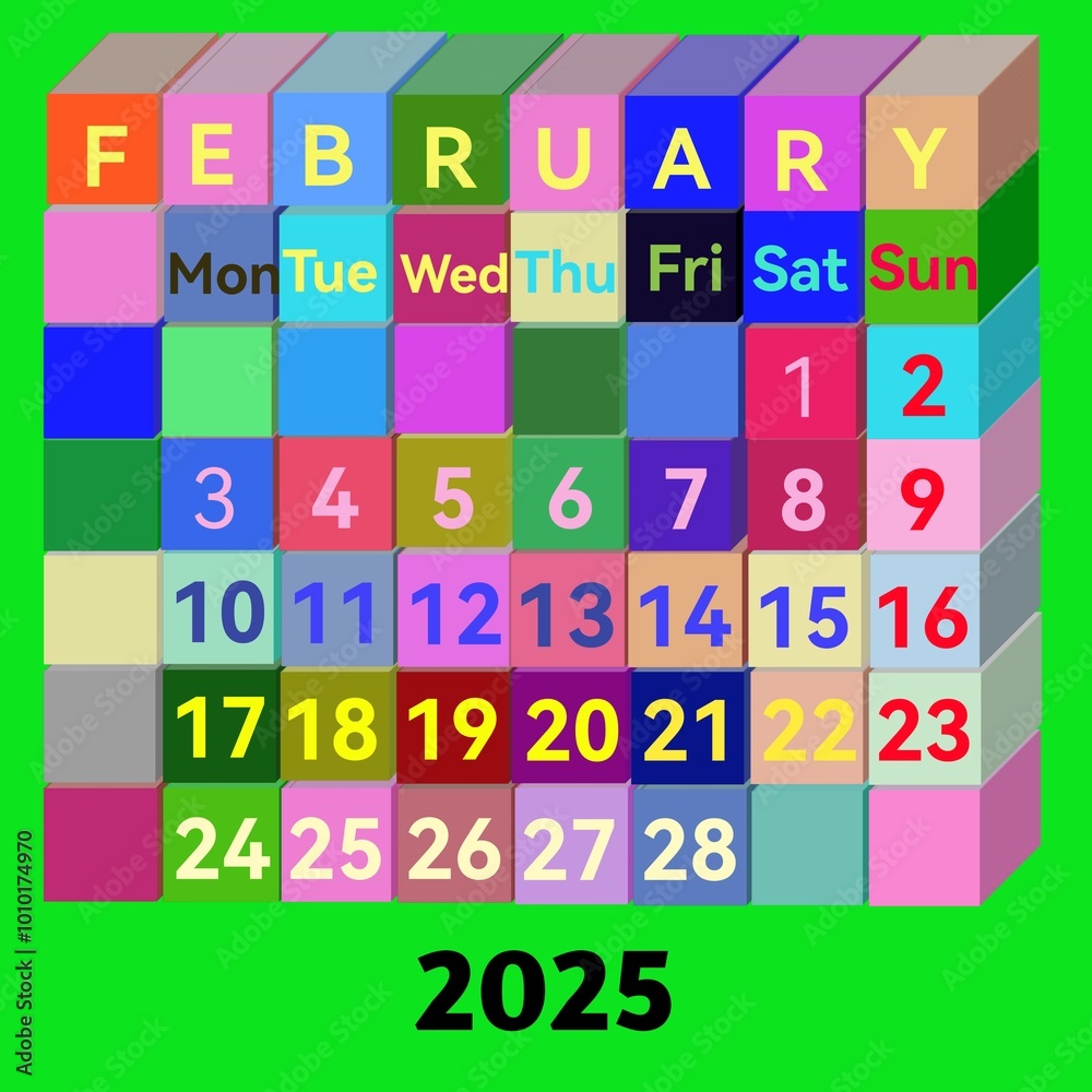 media concept,month of February 2025 calendar using 3d square cubes media concept,month of February 2025 calendar using 3d square cubes
