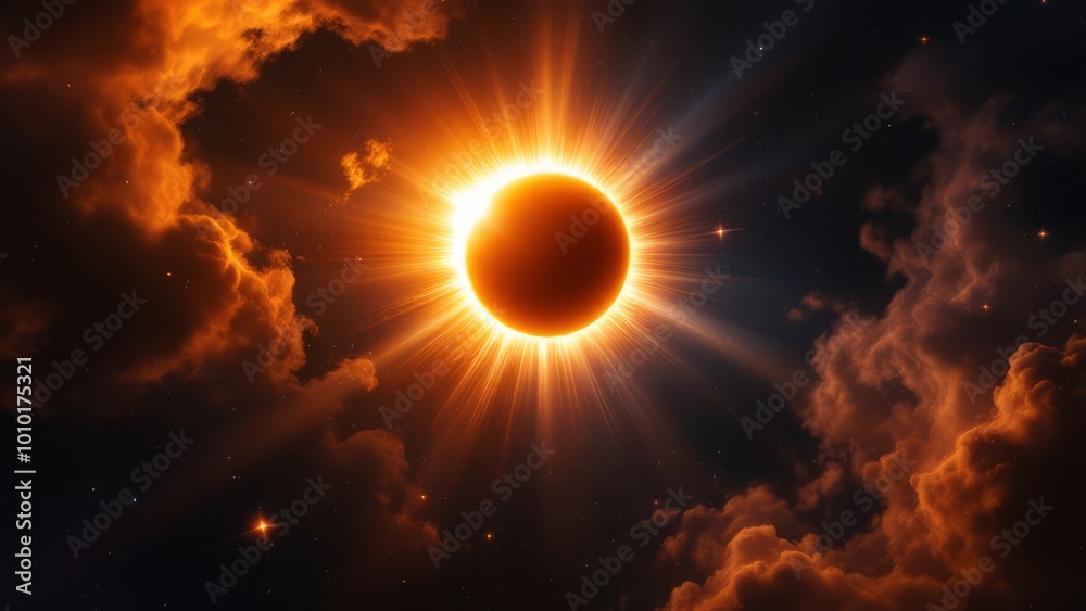 A dramatic celestial scene showing a solar eclipse with vibrant solar flares and beams of light emanating from behind the shadowed moon. A dramatic celestial scene showing a solar eclipse with vibrant solar flares and beams of light emanating from behind the shadowed moon.