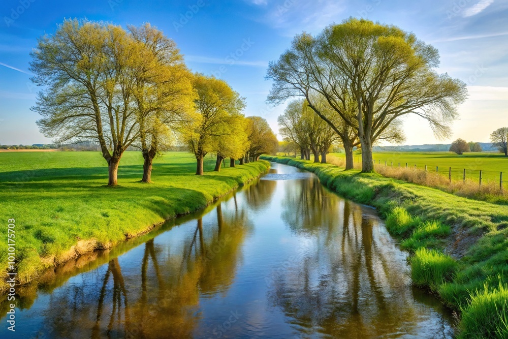 Extensive agricultural landscape with tree-lined stream in spring, depicted in a long shot Extensive agricultural landscape with tree-lined stream in spring, depicted in a long shot