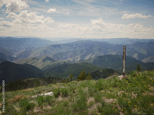 Wide view of Bitterroot Mountain Range in Salmon National Forest in Idaho in summer photo