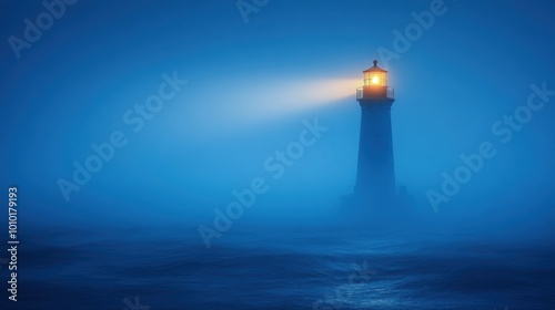 A solitary lighthouse shines its beacon through a thick fog at night, its light a symbol of hope and guidance in the face of uncertainty.