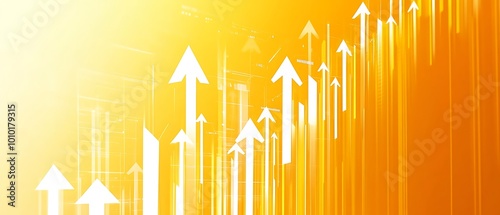 Start up and idea concept with white growing arrows, plus signs, pixel symbols and lines on abstract yellow background