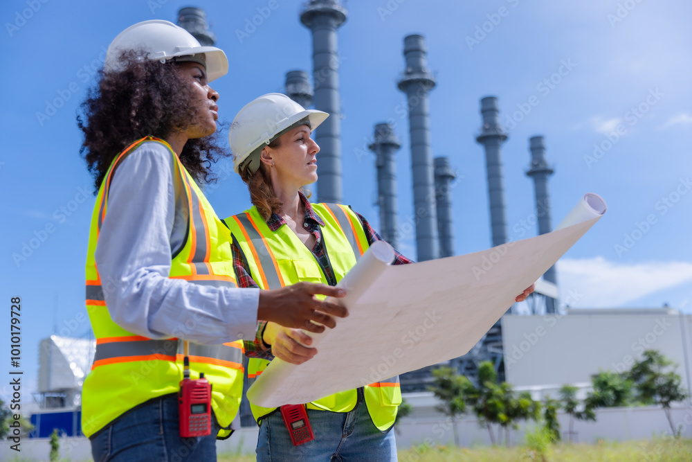Female Engineers Reviewing Blueprints at a Power Plant Construction Site in Bright Daylight Female Engineers Reviewing Blueprints at a Power Plant Construction Site in Bright Daylight