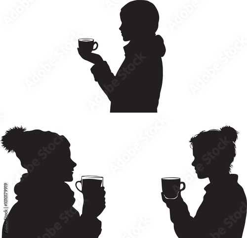 Silhouette of a person holding a cup of hot cider. Winter silhouette vector