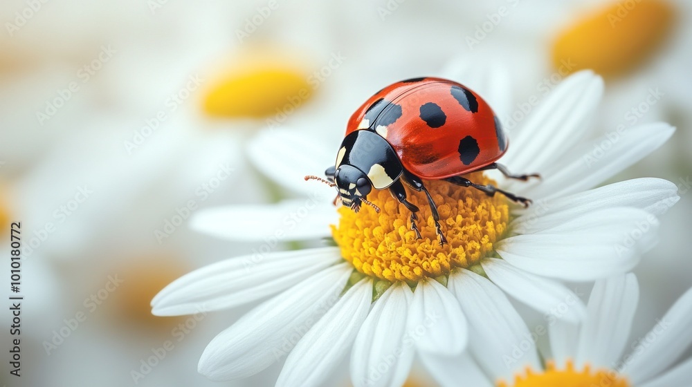 A ladybug perched on a white daisy with yellow pollen, surrounded by other daisies in a soft-focus background. A ladybug perched on a white daisy with yellow pollen, surrounded by other daisies in a soft-focus background.