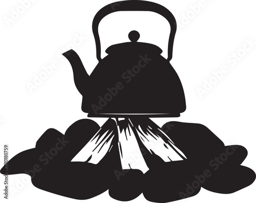 Silhouette of a kettle on a campfire, teapot and cup vector