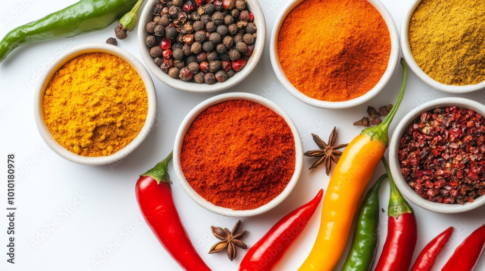 Colorful Spices and Peppers on White Background Colorful Spices and Peppers on White Background