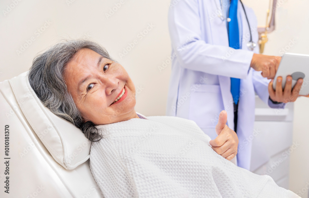 portrait active senior woman happy,doing thumb up while having lifting, botox, rejuvenation or skin care in aesthetic clinic,background blurred a doctor portrait active senior woman happy,doing thumb up while having lifting, botox, rejuvenation or skin care in aesthetic clinic,background blurred a doctor