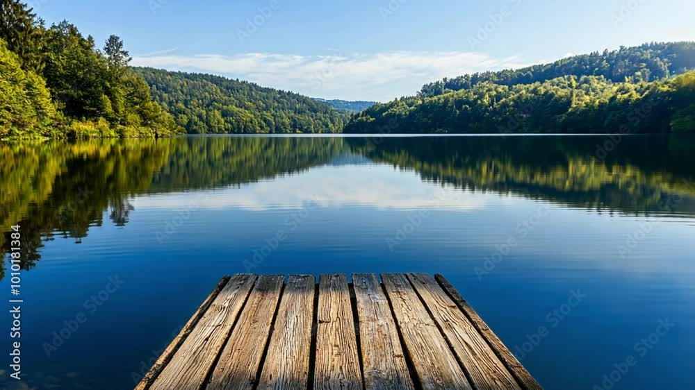 Wooden dock leading out to a tranquil lake, surrounded by lush green trees and a bright blue sky with clouds reflecting in the still water. Wooden dock leading out to a tranquil lake, surrounded by lush green trees and a bright blue sky with clouds reflecting in the still water.