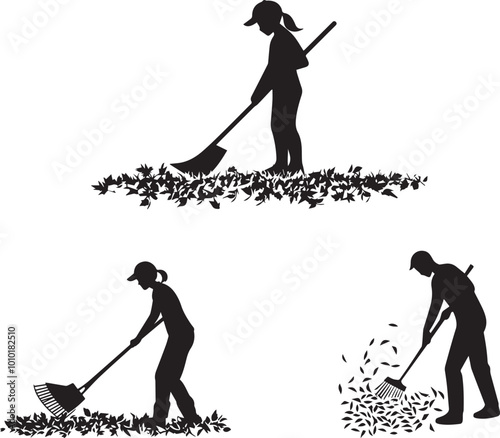 Silhouette of a person raking autumn leaves, silhouettes of fall landscaping vector 