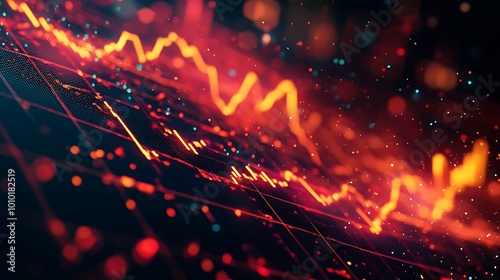 Abstract downward forex chart on dark background. Financial recession and crashing market concept illustration. 3D Rendering.