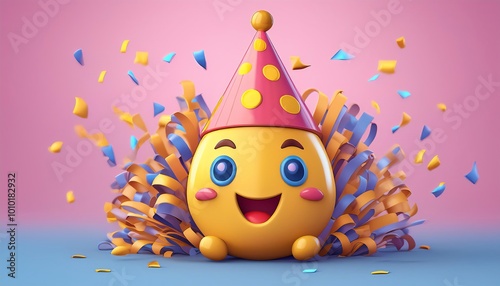 A cheerful cartoon character with a party hat celebrates amidst colorful confetti, exuding joy and festivity in a vibrant setting. photo