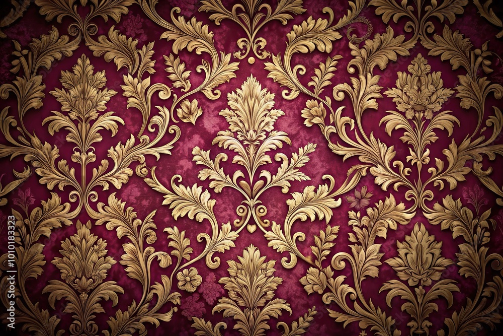 Extreme close-up baroque studio backdrop with ornate floral patterns and gold leaf accents in deep burgundy Extreme close-up baroque studio backdrop with ornate floral patterns and gold leaf accents in deep burgundy