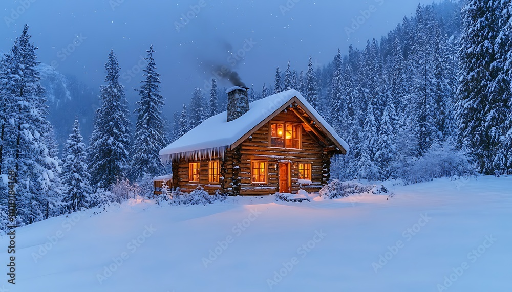 Snow-Covered Log Cabin with Smoke from Chimney Amidst Pine Trees Snow-Covered Log Cabin with Smoke from Chimney Amidst Pine Trees