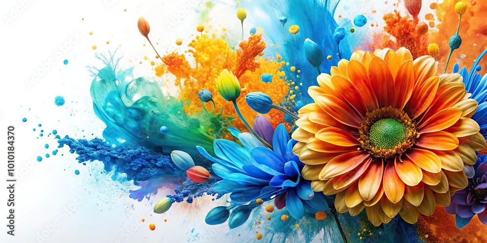 Obraz premium Extreme close-up colorful flower painting on white background with blue and orange colors and paint splash