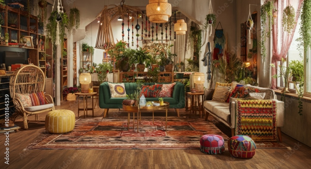 Bohemian Living Room with Colorful Rugs and Pillows Bohemian Living Room with Colorful Rugs and Pillows