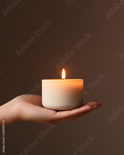 Hand holding a lit candle against a soft, warm background.