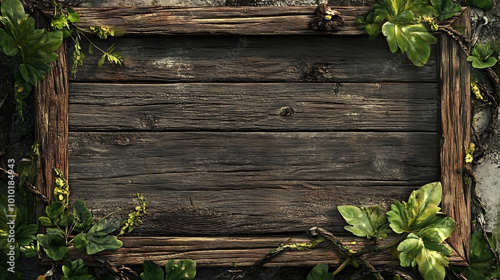 Fototapeta premium Rustic Wooden Frame with Greenery Background