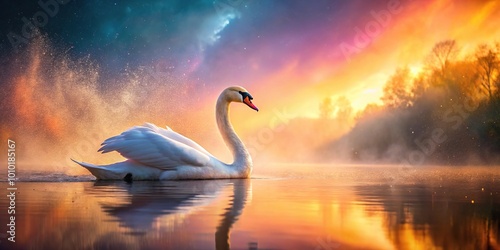 Extreme close-up elegant swan in tranquil sunset lake adorned with colorful dust in trace style photo