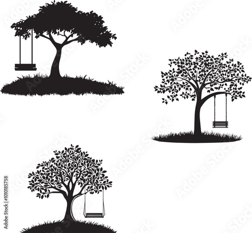 Silhouette of a tree with a swing, tree collection with hanging swing vector