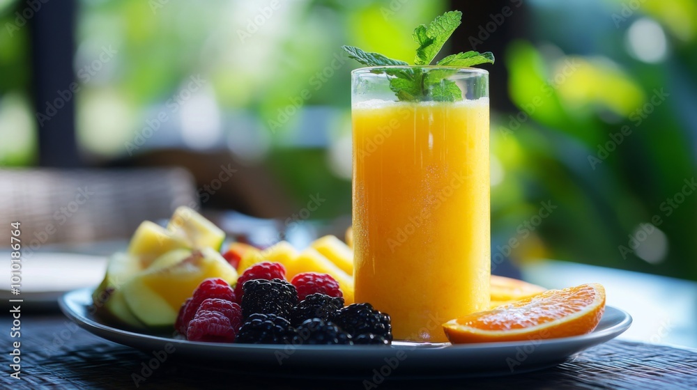 Refreshing Orange Juice with Fresh Fruits on a Plate Refreshing Orange Juice with Fresh Fruits on a Plate