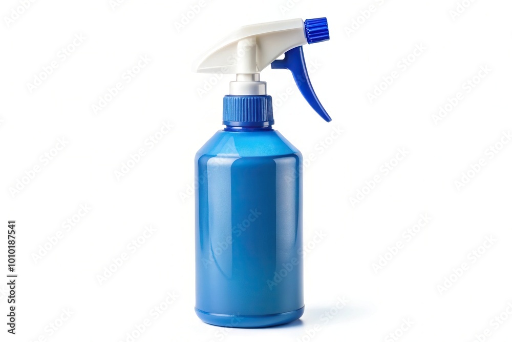 Extreme close-up of a blue white plastic spray bottle isolated on white background Extreme close-up of a blue white plastic spray bottle isolated on white background